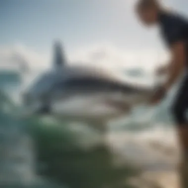 Dedicated Efforts in Shark Conservation Research A conservationist engaged in a research project focused on shark conservation.