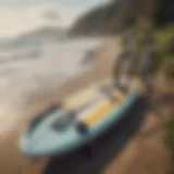 A dynamic view of a surf board bike trailer attached to a bicycle on a coastal road