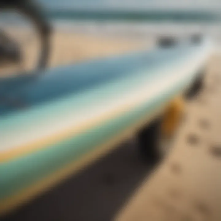 Close-up of a surf board securely fastened in a bike trailer showcasing its design