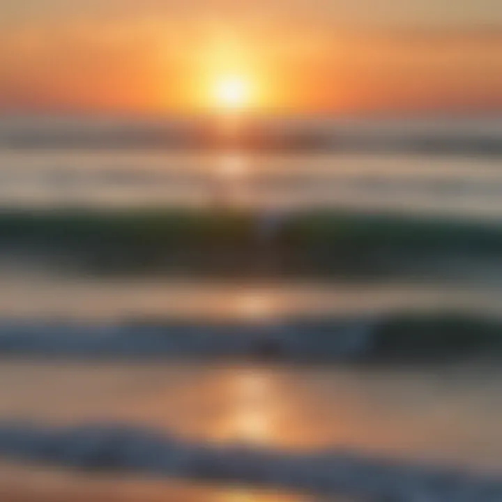 A serene sunset view over the Pensacola coastline with surfers