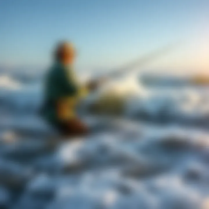 An angler casting a line into the surf with waves crashing