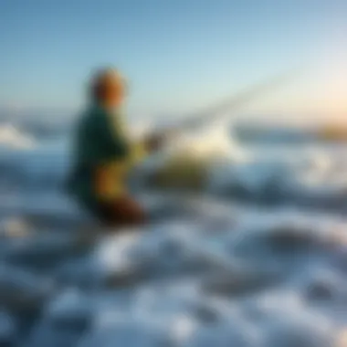 Casting into the Waves An angler casting a line into the surf with waves crashing