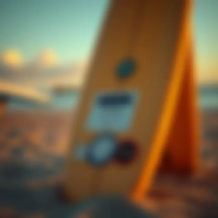 Surfboard with certification badges on the beach