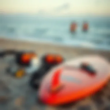 Essential Surf Equipment on the Beach Surf equipment laid out on the sand