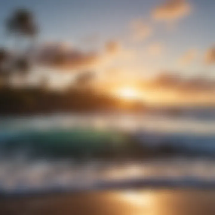 A panoramic shot of a popular surf spot in Maui at sunset