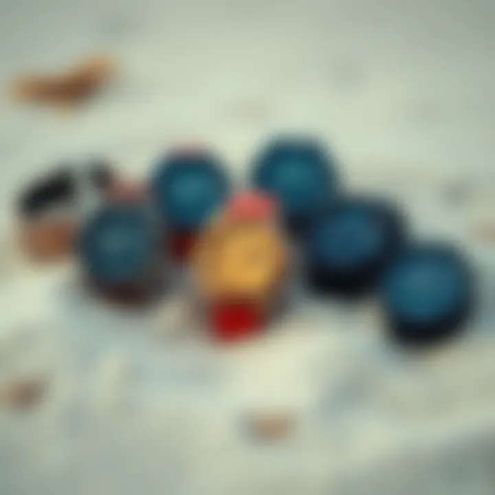 A collection of stylish surf watches arranged on a sandy beach