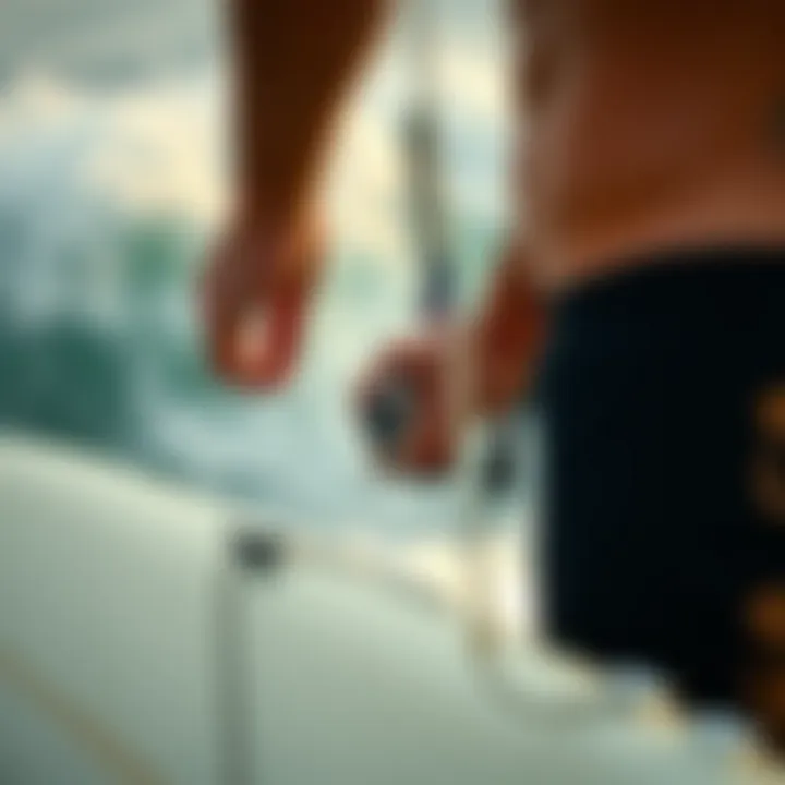 A surfer checking a watch while preparing for a wave