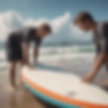 A surfer checking maintenance tips on a soft top surfboard