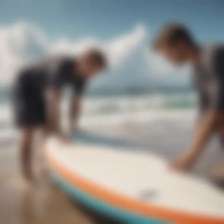 A surfer checking maintenance tips on a soft top surfboard