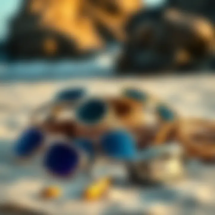 A collection of sustainable surfer accessories on a beach background