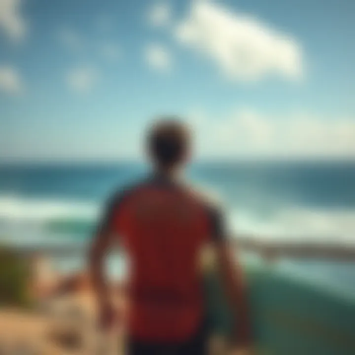 Surfer observing ocean swell conditions from a scenic viewpoint