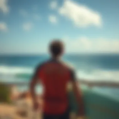 Surfer's Perspective on Swell Conditions Surfer observing ocean swell conditions from a scenic viewpoint