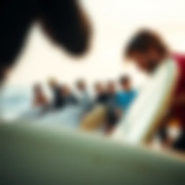 A group of surfers participating in a beach cleanup event