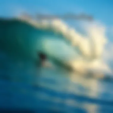 A close-up of ocean water splashing as a surfer carves through the wave