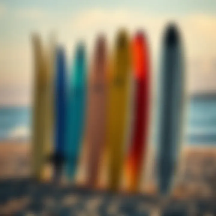 An array of modern surfboards lined up on the beach