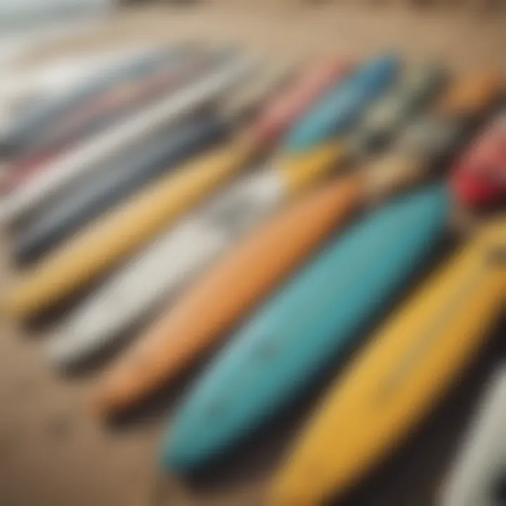 Diverse surfboards lined up on the beach