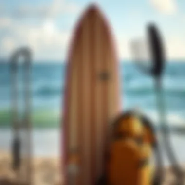 Close-up of a surfboard and gear ready for the ocean