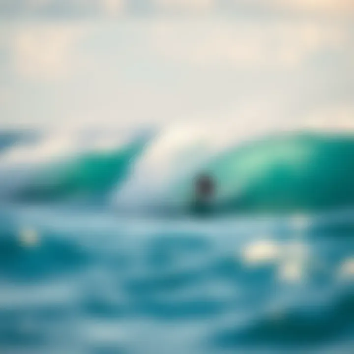 A serene ocean view with surfers riding waves