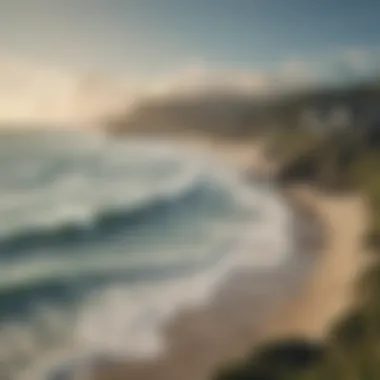 Panoramic view of the coastline with surfers