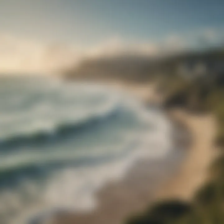 Panoramic view of the coastline with surfers