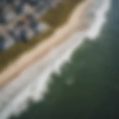 Aerial view of the Outer Banks coastline with surfers