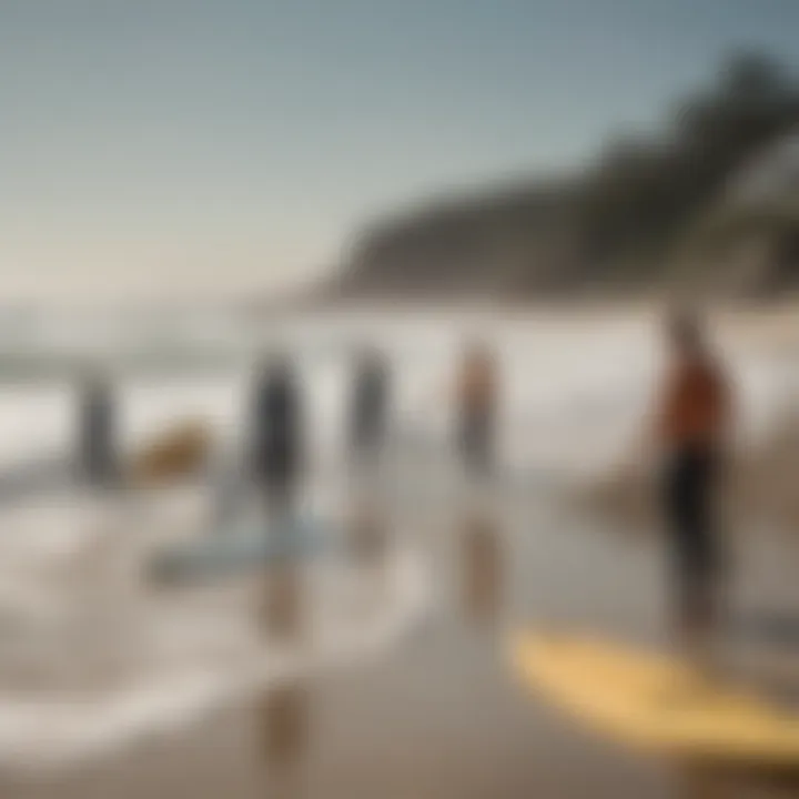 Group of surfers discussing safety tips on the beach