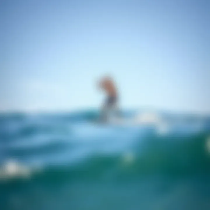 Practicing Balance: Key to Surfing Success A beginner surfer practicing balance on the board in calm waters.