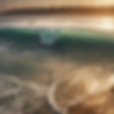 An aerial view of surfers riding waves at Sunset Point.