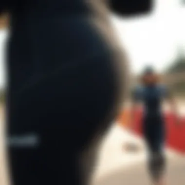 Detailed view of design features in plus-size neoprene pants