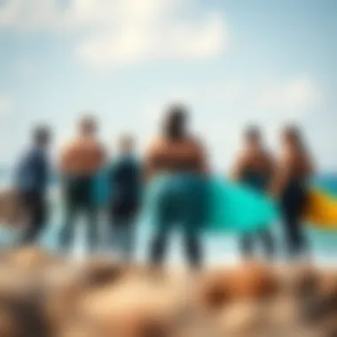 Group of surfers wearing plus-size neoprene pants against a vibrant ocean backdrop