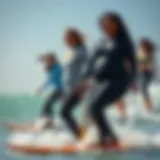 Dynamic surfing scene featuring diverse body types in neoprene pants