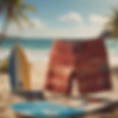 Surfboard and board shorts set against a picturesque beach backdrop