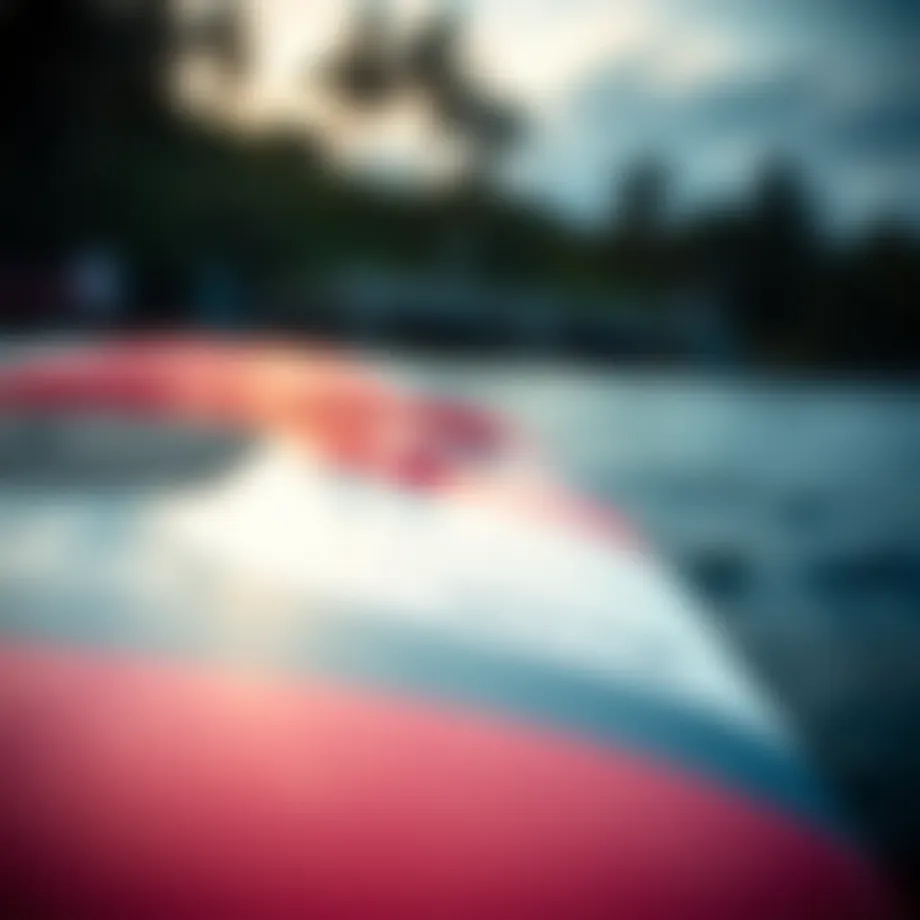 A close-up view of an innovative wakesurf board showcasing its unique design