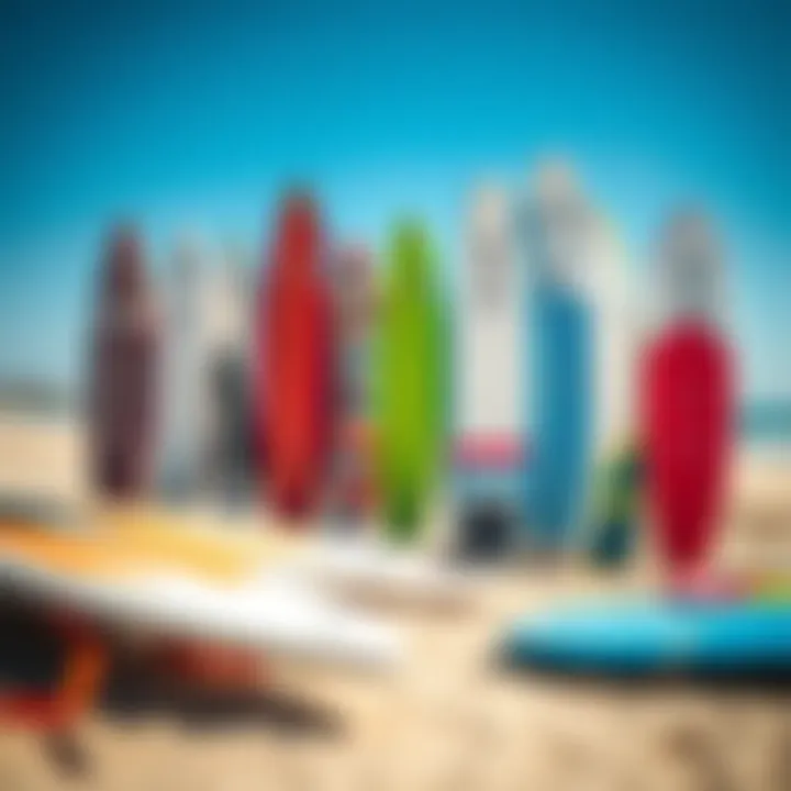 An array of wakesurf boards displayed on a beach, highlighting different styles and colors