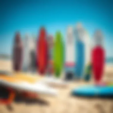 Variety of Wakesurf Boards An array of wakesurf boards displayed on a beach, highlighting different styles and colors