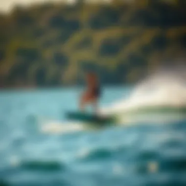 Riding the Waves on the Exile Wakesurf Board An action shot of a surfer riding the Exile wakesurf board on a vibrant lake.