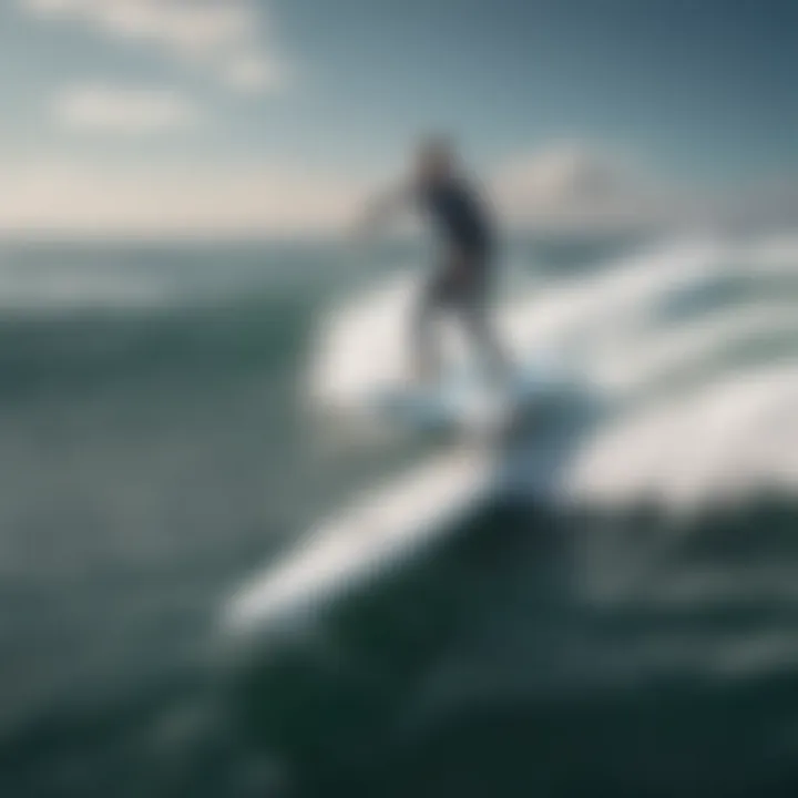 An aerial view showcasing surfers riding electric surfboards with hydrofoils