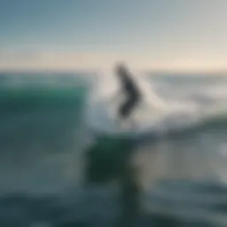 Close-up of an electric surfboard with a hydrofoil cutting through the water