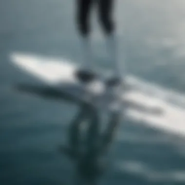 Innovative Hydrofoil Mechanism Detailed shot of the hydrofoil mechanism attached to an electric surfboard