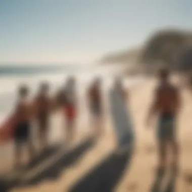 A scenic view of surfers united on the beach, demonstrating community spirit