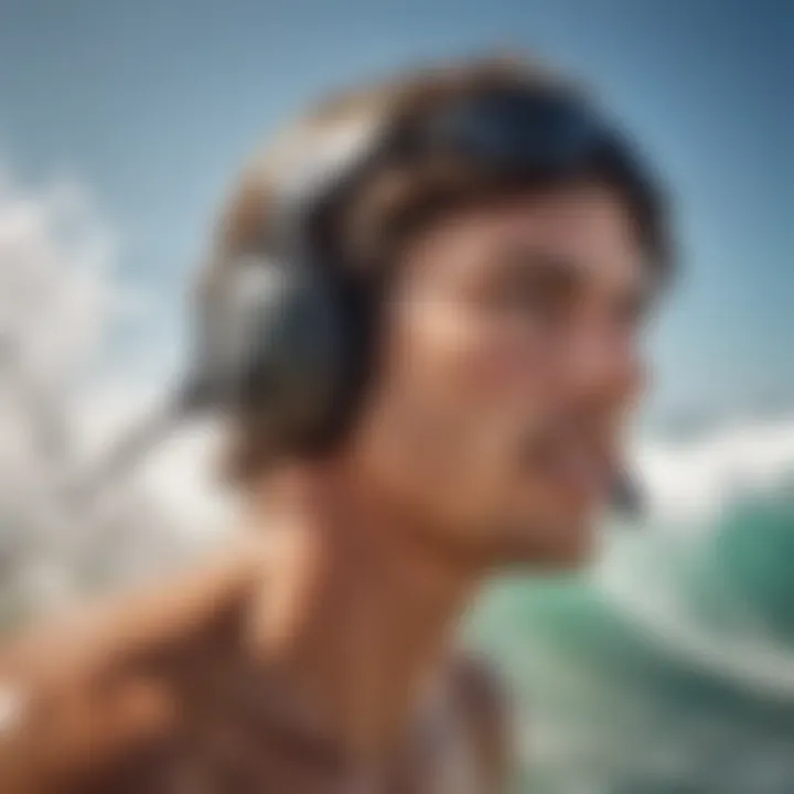 A close-up of a surfer wearing specialized ear protection while catching a wave.