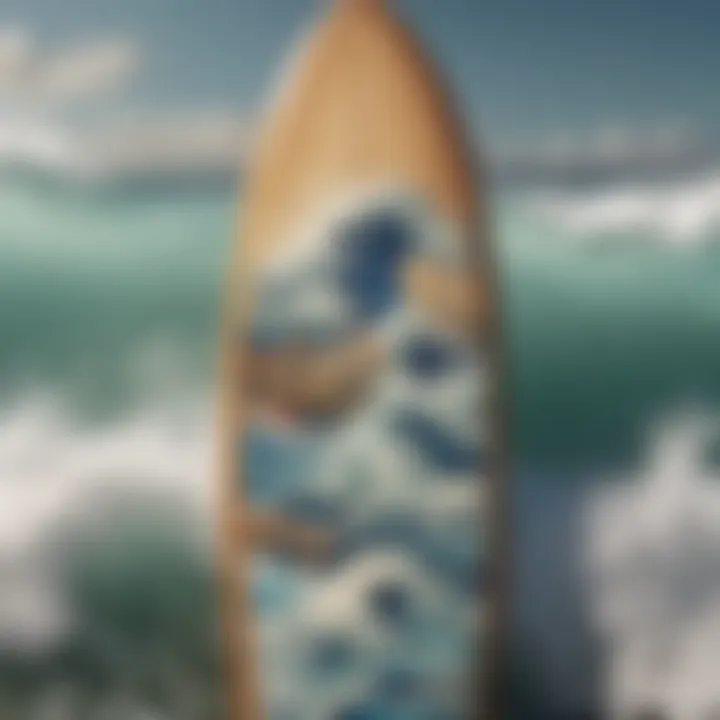 A surfboard designed with elements inspired by Japanese wave motifs, illustrating the blend of cultures.