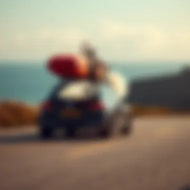 Journey to the Waves Car driving on a coastal road with surfboards