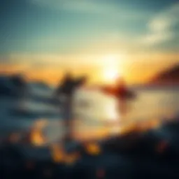 A breathtaking view of surfers riding the waves at sunset.