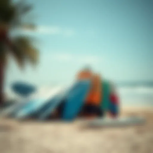 A variety of stand-up paddleboards displayed on the beach