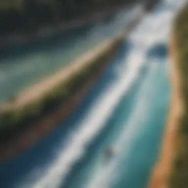 An aerial view of a flowing river with a flowrider, emphasizing its location.