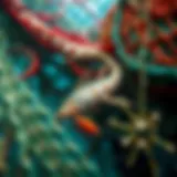 Diverse marine life interacting with fishing nets