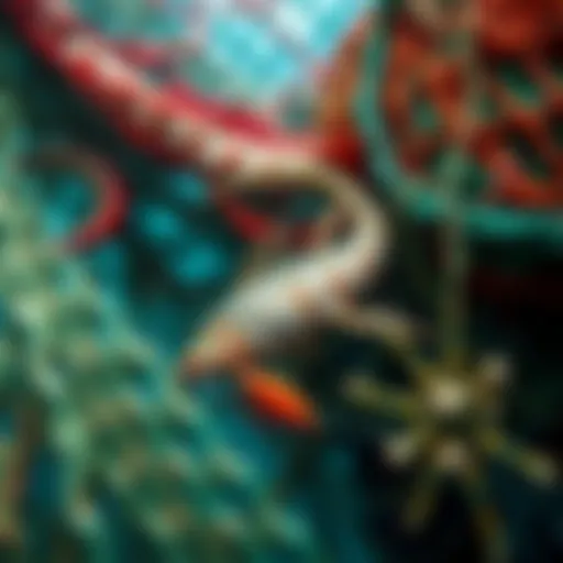 Diverse marine life interacting with fishing nets