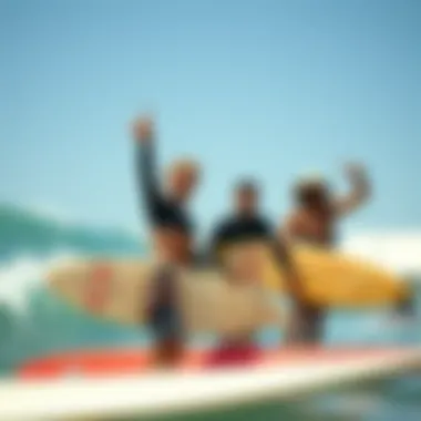 Modern surfers showcasing the hang loose sign at a popular surf competition