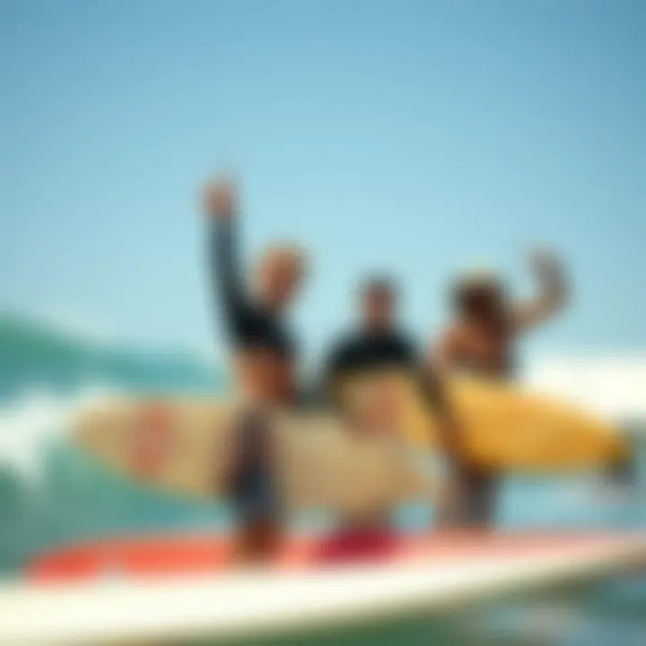 Modern surfers showcasing the hang loose sign at a popular surf competition